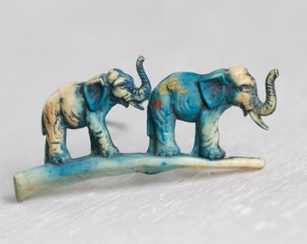 Victorian Elephant Brooch - Blue Celluloid Row of Elephants Lapel Pin - Vintage Quirky Jewelry