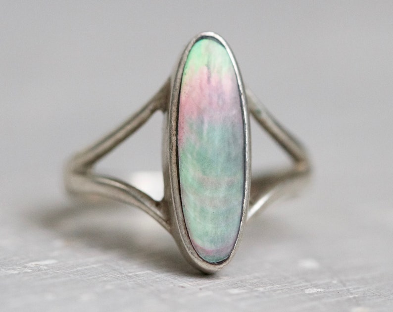 Long Index Finger Marquise Ring Size 5 12 Sterling Silver and Abalone shell Paua Seashell Ring Vintage Hippie Jewelry