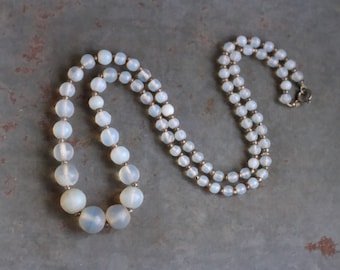 Art Deco Blue Grey Necklace 24 Inch - Frosty Glass Beads - Vintage Elegant Layering Jewellery