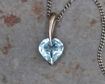Aqua Minimalist Heart Necklace - Sterling Silver Small Sky Blue Romantic Pendant - Vintage Oxidised Layering Jewellery