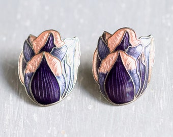 Purple and Pink Stud Earrings - Art Nouveau Cloisonne Flowers - Large Studs - 80s Vintage New Old Stock