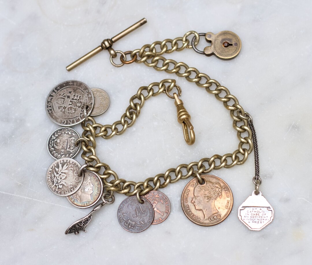 Edwardian Pocket Watch Chain 11 Inch Antique Brass Chain With Charms
