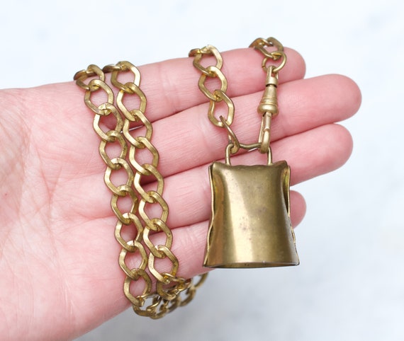 Brutalist Cow Bell Necklace - Chunky Brass Musica… - image 2