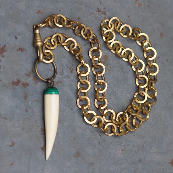 Tiger Fang Necklace - Vegetable Ivory Large Canine Tooth Pendant with Malachite on Brass Chain Choker - Vintage Boho Layering Jewellery