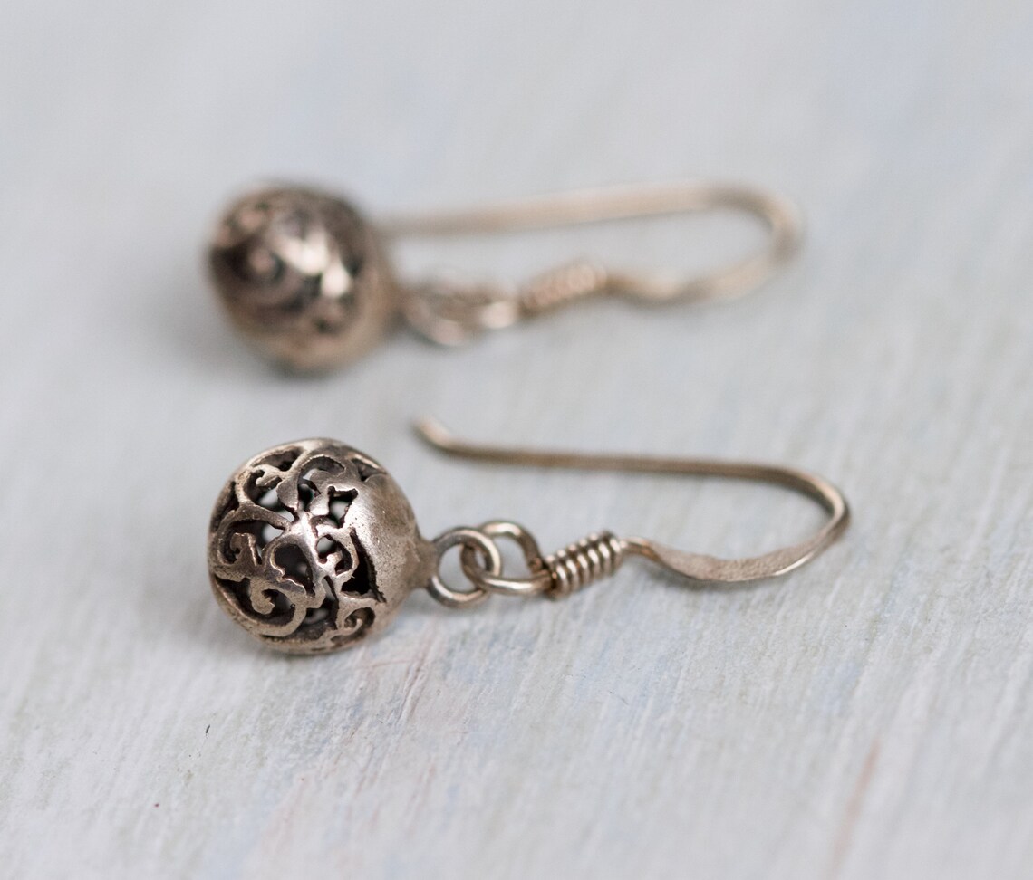 Filigree Dangle Ball Earrings Sterling Silver with Patina Etsy