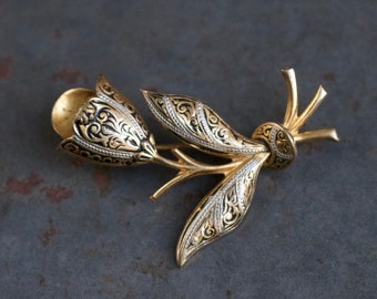 Damascene Tulip Lapel Pin - Spilla a Fiore Spagnolo - Gioielli Vintage Ossidati