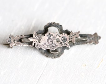 Victorian Bar Brooch - Sterling Silver Antique Floral Collar Pin - Sweetheart Lapel Pin - Vintage Oxidised Jewellery