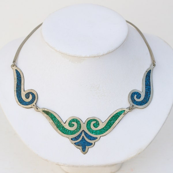 1970s Turquoise and Lapis Lazuli Pointy Bib Necklace - Mexican Alpaca Silver with Chipstone Inlay Panels - Vintage Jewellery Made in Mexico