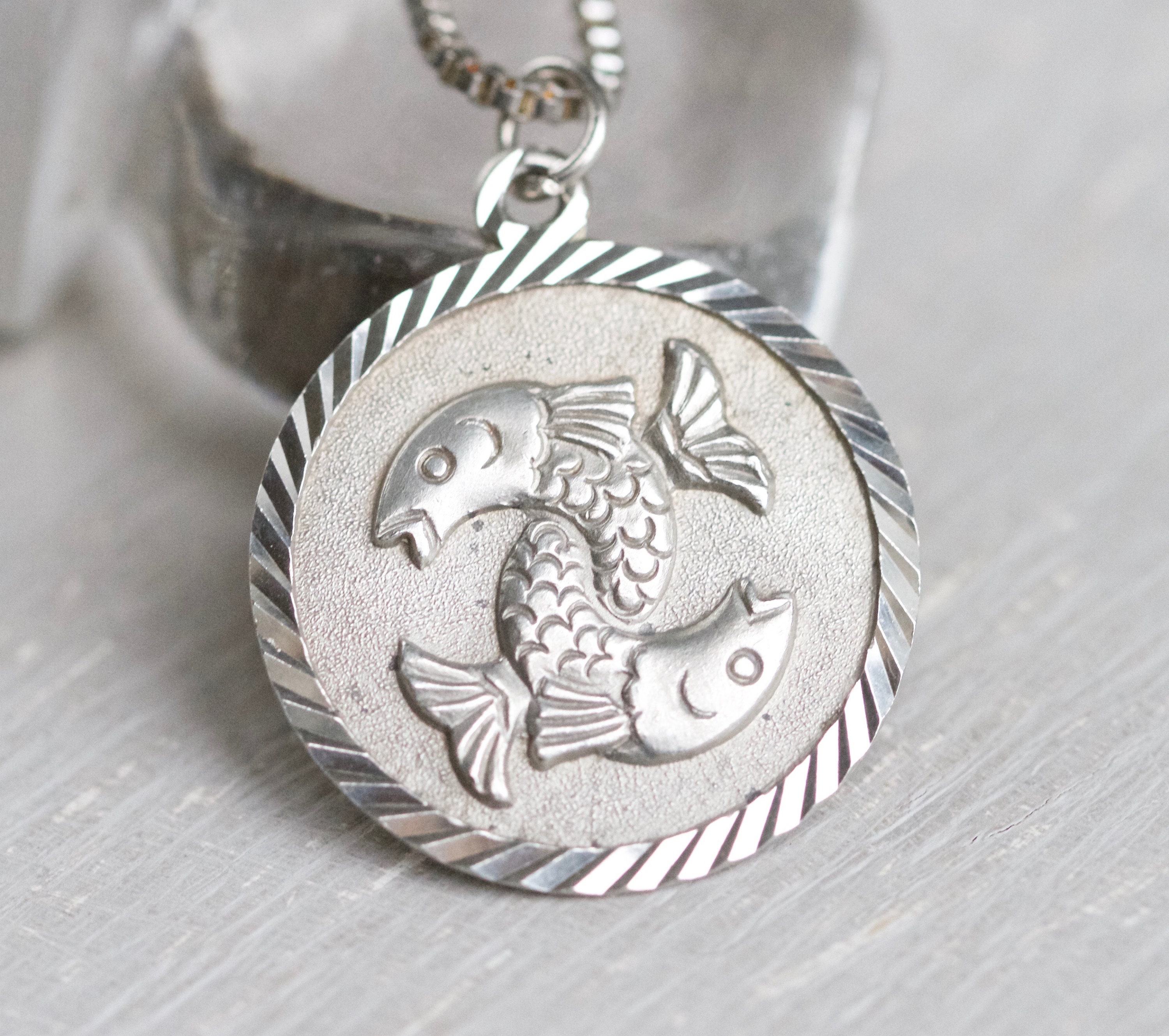 Pisces Necklace Sterling Silver Double Fish Medallion Etsy