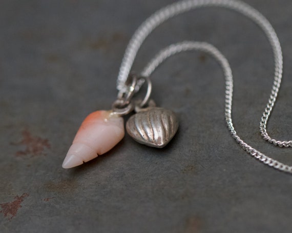 Angel Skin Coral Necklace Small Seashell Pendant and Tiny Puffy