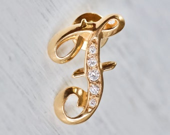 Letter F Lapel Pin - Golden Initial F Brooch with Rhinestones - Vintage Oxidised Jewellery