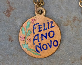 Collana vintage "Feliz Ano Novo" - Ciondolo di Capodanno in rame smaltato