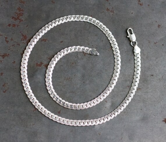 Flat King Chain Necklace Curb Chain Mens Stainless Steel Chain Bracelet Silver 