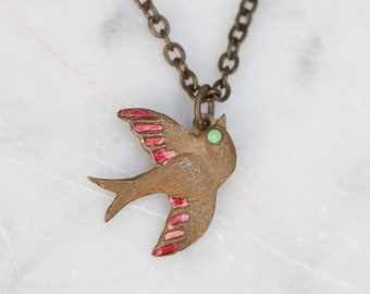 Flying Swallow Necklace in Copper - Enamel Bird Pendant - Vintage Oxidised Layering Jewellery