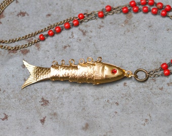 Gold Articulated Fish Necklace on Red Glass Beads Long Chain - Antique Nautical Pendant - Vintage Oxidised Jewellery