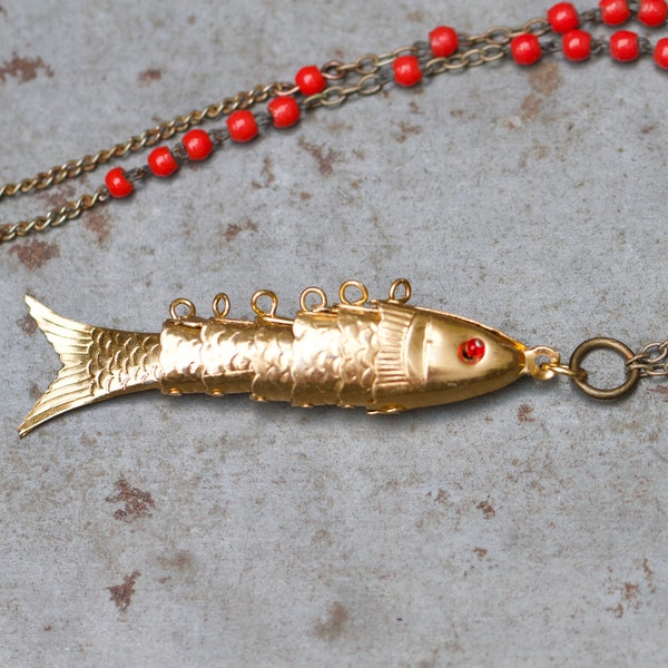 Gold Articulated Fish Necklace on Red Glass Beads Long Chain - Antique Nautical Pendant - Vintage Oxidised Jewellery