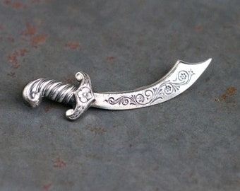 Miniature Dagger Lapel Pin - Antique Sterling Silver Curved Sword Brooch - Vintage Oxidized Jewelry