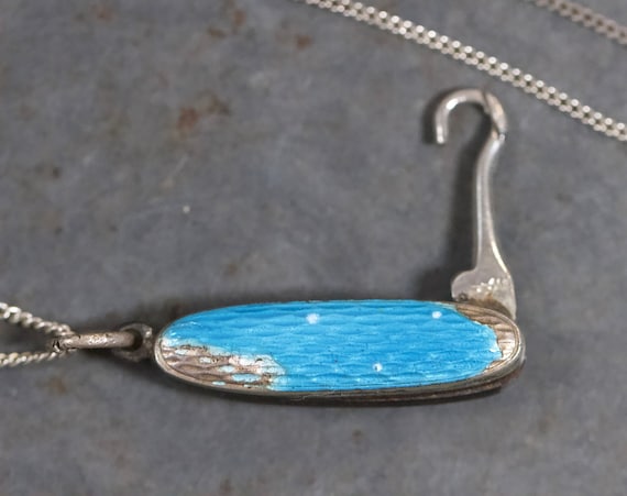 Tiny Folding Button Hook Necklace - Antique Blue … - image 3