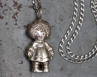 Raggedy Ann Doll Necklace - Macmillan Topazio 1975 Baby Rattle Sterling Silver Large Pendant on Long Chain - Vintage Oxidised Jewellery