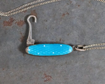Tiny Folding Button Hook Necklace - Antique Blue Enamel Sterling Silver Pendant - Victorian Edwardian Repurposed Jewellery - Vintage Boho