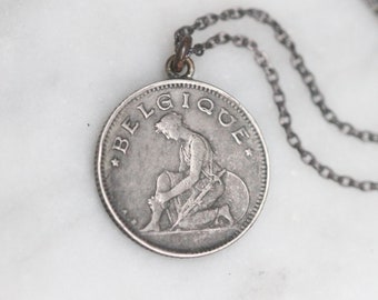 1930 Belgique 50 Centimes Coin Necklace - Belgique Pendant on Sterling Silver - Vintage Re Purposed Art Nouveau Coin Jewellery