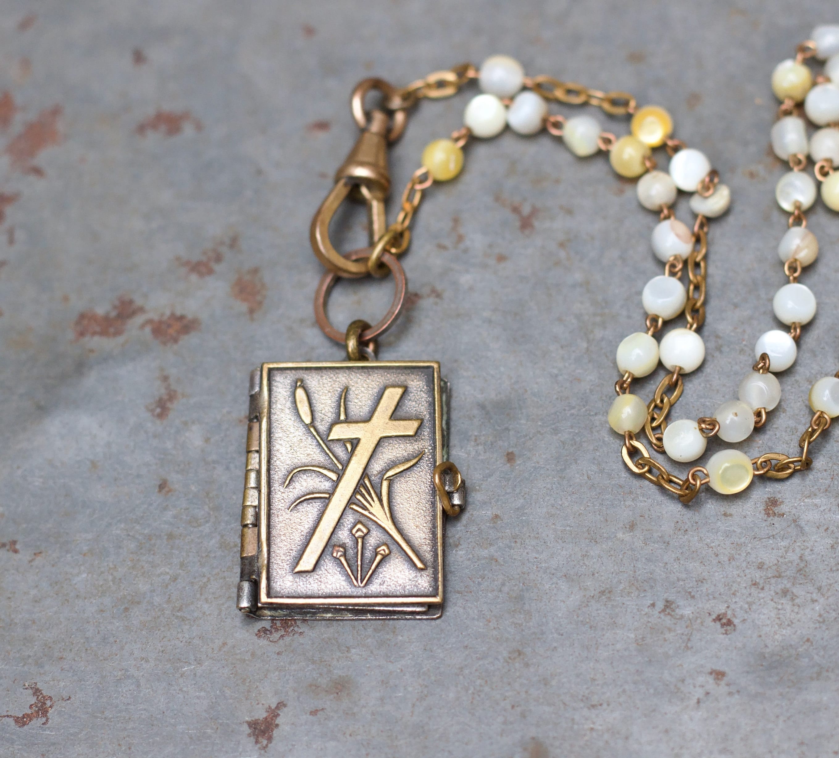 1900s Book Locket Necklace, Antique Victorian Photo Keepsake Pendant on Rosary Chain of Mother of Pearl Beads, Vintage Repurposed Jewellery