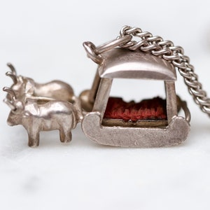 Bulls Pulling Cart Necklace - Sterling Silver Antique Victorian Charm Pendant - Vintage Oxidised Quirky Jewellery - Souvenir from Madeira