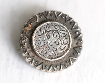 Victorian Round Brooch - Antique Sterling Silver Small Lapel Pin - Floral Mourning Collar Pin - Vintage Gothic Oxidised Jewellery