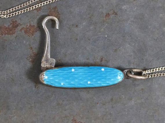 Tiny Folding Button Hook Necklace - Antique Blue … - image 6