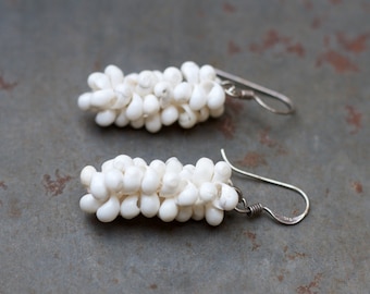 White Dangle Earrings Cascading Tiny Seashells Cluster on Sterling Silver - Vintage Natural Boho Jewellery