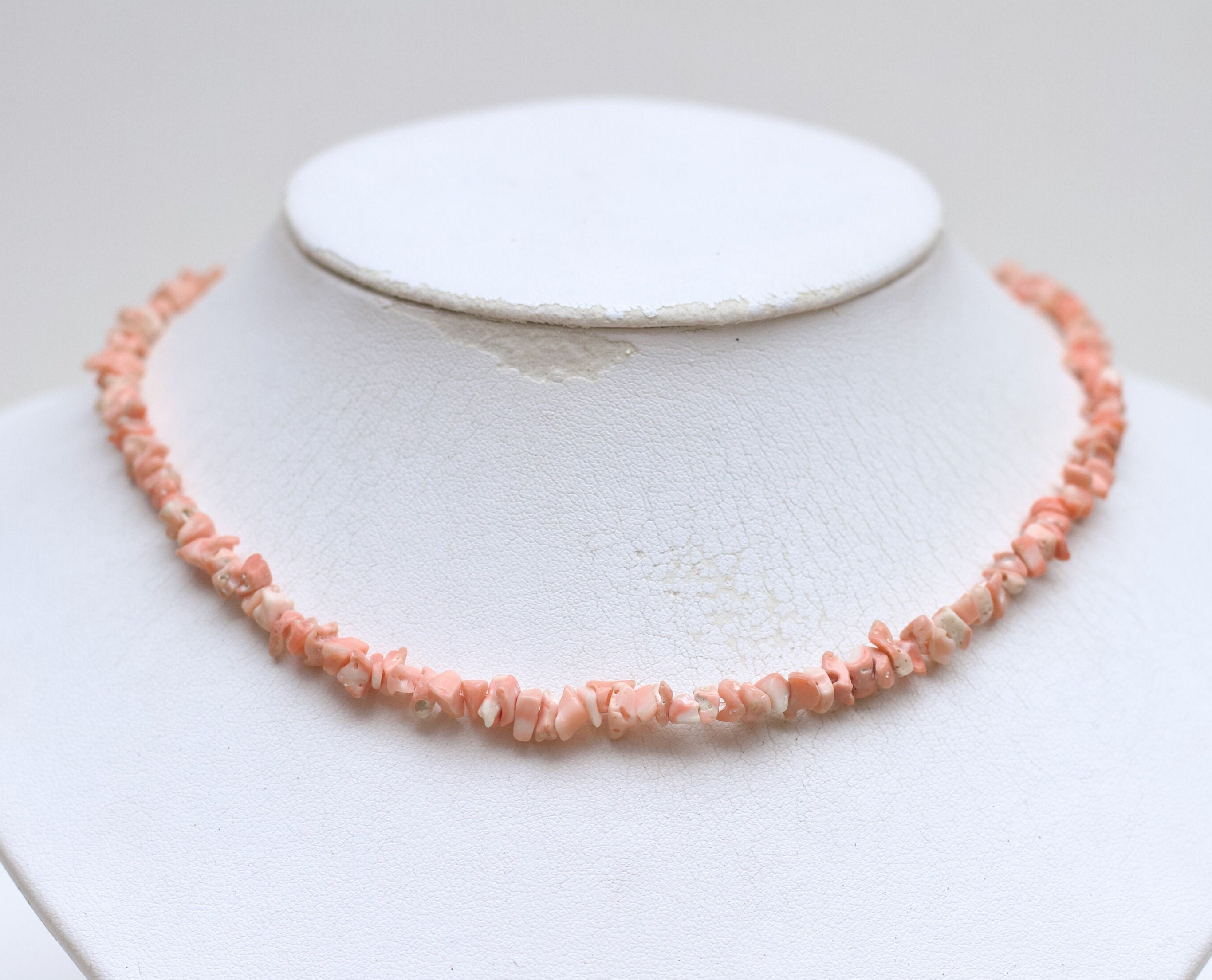 Natural Coral short Necklace 16 Inch - Raw Angel Skin Coral Beads Choker - Vintage Beach and Tropical Boho Jewellery
