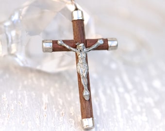 Wooden Cross necklace - Antique Corpus Christi Crucifix Pendant on Sterling Silver - Vintage Religious Jewellery