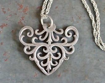 Large Gothic Pendant on Long Rope Chain - Sterling Silver Antique Filigree Necklace - Vintage Oxidised Layering Jewellery