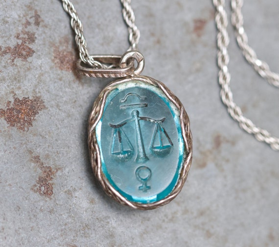 Libra Necklace - Aqua Blue Intaglio Pendant on St… - image 9