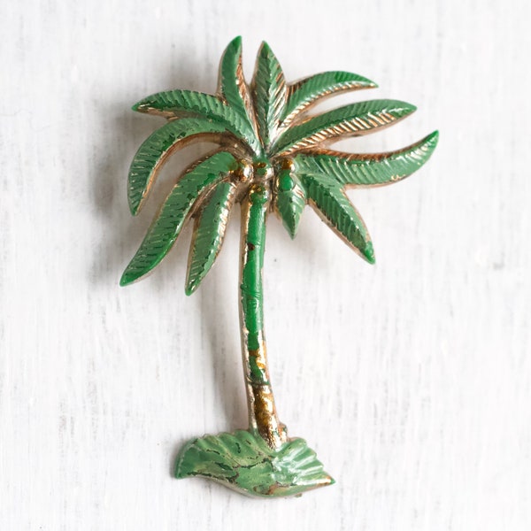 Art Deco Palm Tree Lapel Pin - Tropical Palmtree Brooch - Green and Gold Celluloid - Vintage Oxidised Jewellery