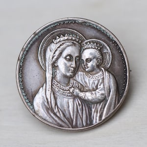 Madonna and Child Silver Lapel Pin - Antique Mother of God Brooch or Collar Pin - Virgin Mary and Baby Jesus Vintage Religious Icon Jewelry