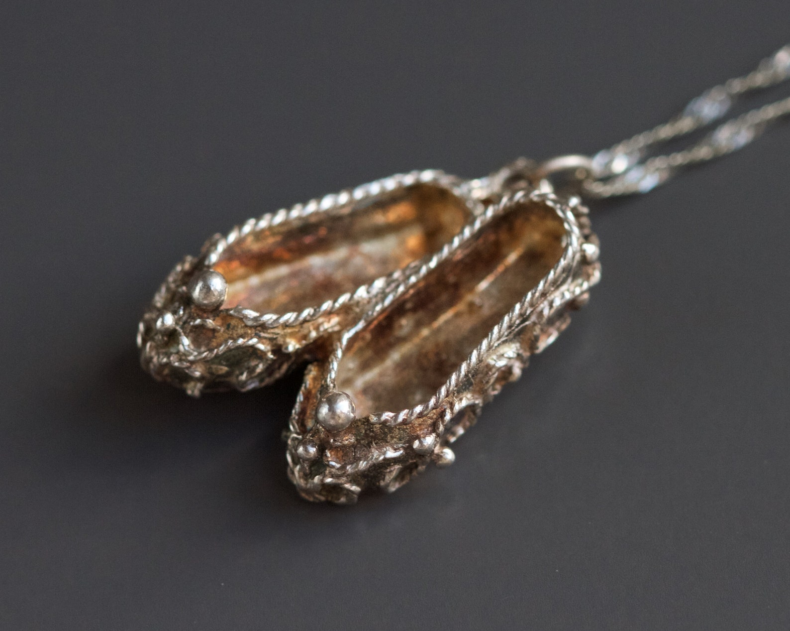 ballerina necklace - sterling silver miniature ballet shoes pendant and chain - tiny dancer - vintage oxidized jewelry