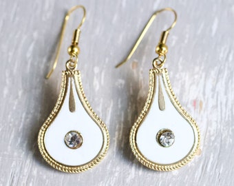 Art Deco White Teardrop Earrings - Vintage Enamel on Gold Dangle Teardrops - Vintage Boho New Old Stock Jewellery