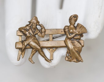 Him and Her Victorian Lapel Pin - Antique Brass Brooch - Regency Couple on Lover's Bench - Rococo Romance - Vintage Quirky Jewellery