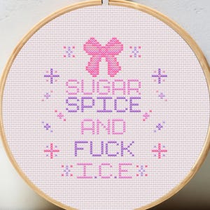 Op de afbeelding: Een borduurring met kruissteek met de tekst "SUGAR SPICE AND FUCK I.C.E." in paars en roze garen. Het ontwerp bevat een roze strik en decoratieve kruissteekelementen op een lichtroze achtergrond.