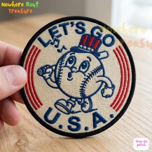 Let's Go USA Baseball Patch, Retro Cartoon Baseball Iron On Sew On Hook and Loop, Patriotic Sports Character Embroidered Badge, US Pride