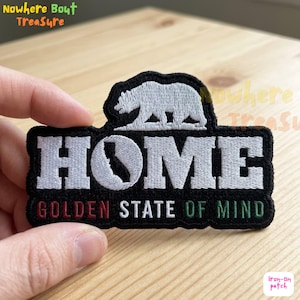 California Home Patch, Golden State of Mind Grizzly Bear Embroidered Iron On, CA State Map Souvenir Jacket Badge
