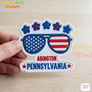 Abington Pennsylvania Patch, Patriotic USA Flag Sunglasses Embroidered Iron On, PA State Souvenir, Jacket Applique