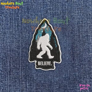 Bigfoot Believe Patch, Sasquatch Arrowhead Embroidery, Night Forest Moon Badge, Iron On Sew On Hook and Loop Accessory, Cryptid Hunter Gift