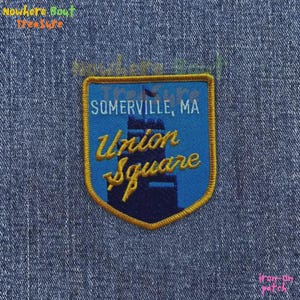 Somerville MA Union Square Embroidered Patch - Massachusetts Landmark Shield Badge, Iron On, Sew On, Loop and Hook