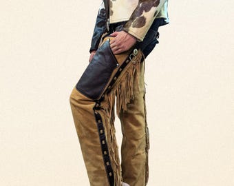 Cowboy Suede Leather Chaps Beige | Western Riding Pants | Fringe Tassel Cowboy Gear | Handmade Vintage Rodeo Style Chaps