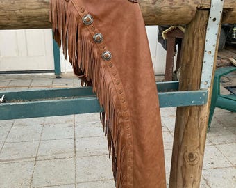 Handmade Tooled Leather Cowboy Chaps | Genuine Brown Cowhide Fringe Chaps Western Rodeo Horse Riding Gear For Men & Women Custom Made in UK