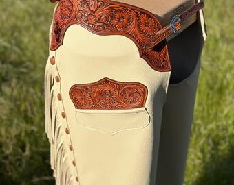 Handmade Tooled Leather Cowboy Chaps | Genuine Cowhide Fringe Chaps | Western Rodeo Horse Riding Gear | Custom Made in UK