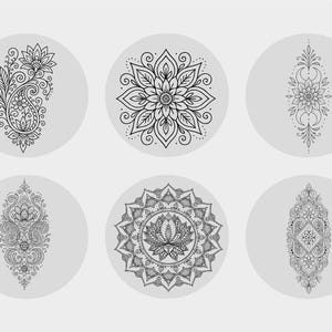 May include: Six black and white mandala designs on light grey circular backgrounds. The designs include floral patterns, paisley, and intricate symmetrical motifs. Suitable for tattoo or art projects.