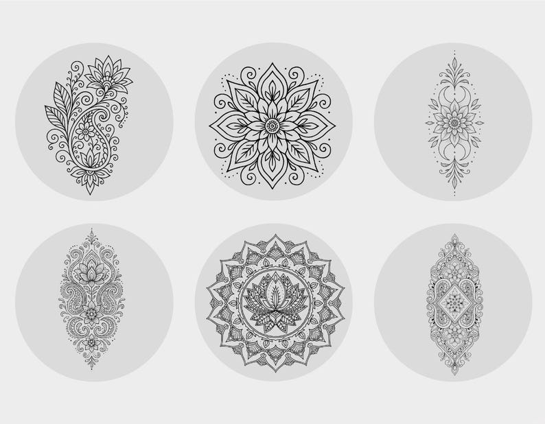 May include: Six black and white mandala designs on light grey circular backgrounds. The designs include floral patterns, paisley, and intricate symmetrical motifs. Suitable for tattoo or art projects.